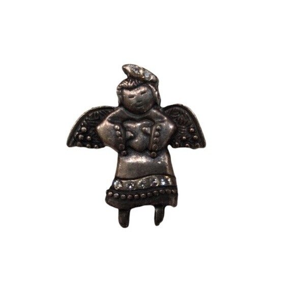 Antique Silvertone Angel Cherub with Heart Pin Brooch Rhinestones - Picture 1 of 4